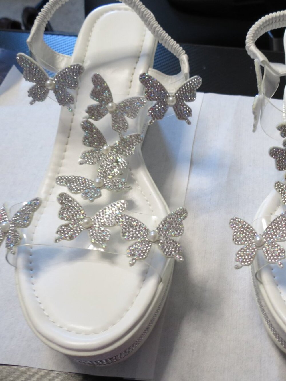 Size 10 (43) White Rhinestone Butterfly Platform Wedge Sandals